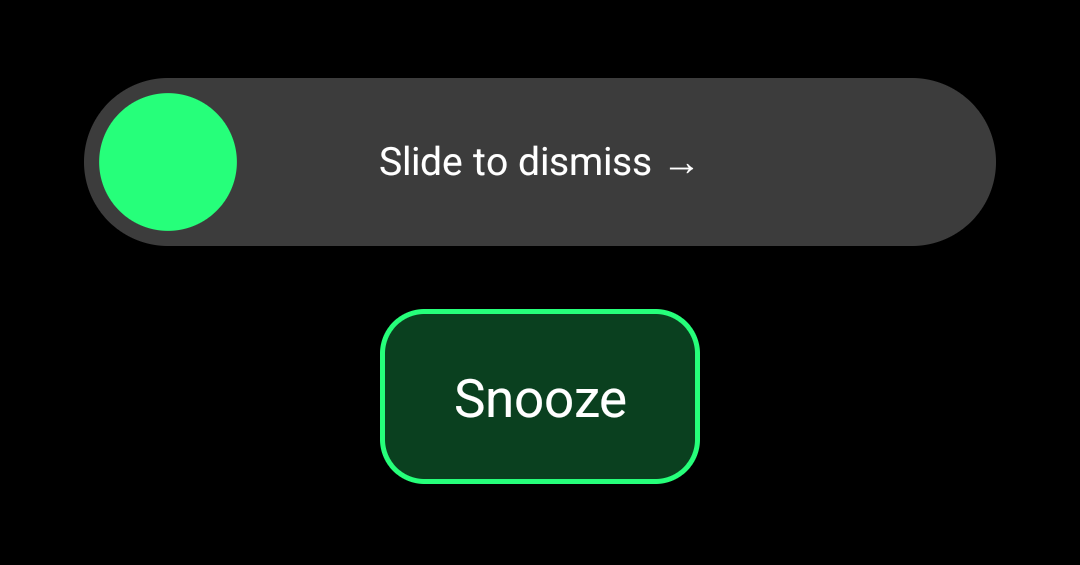 Chimely's LED Minimal alert screen showing a Slide to dismiss track with a glowing green handle, and a Snooze button beneath it.