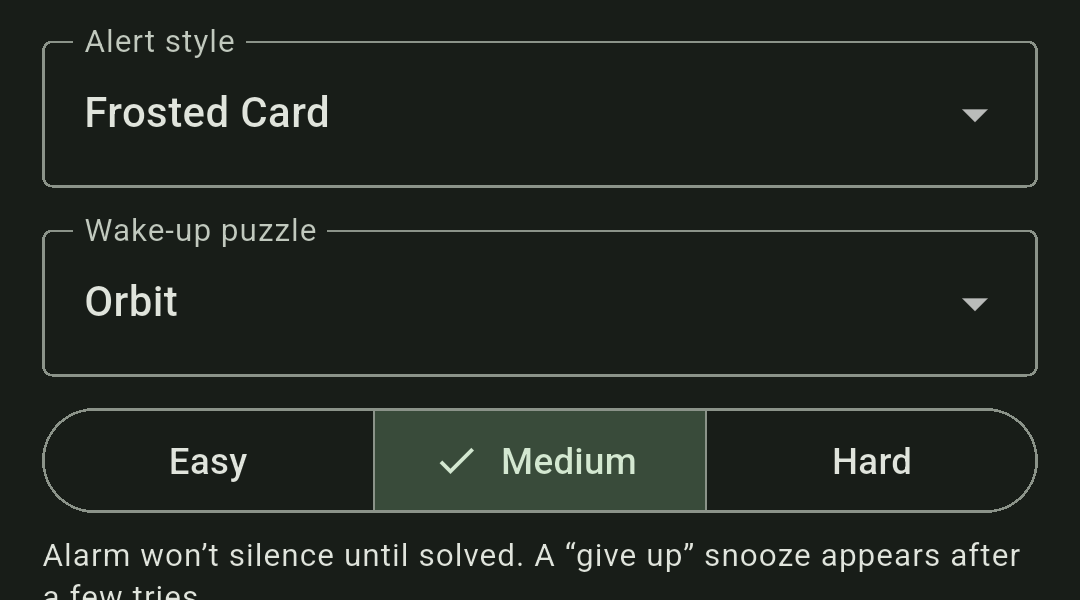 Chimely's alarm editor rows for Alert screen and Wake-up puzzle, with their current selections shown.