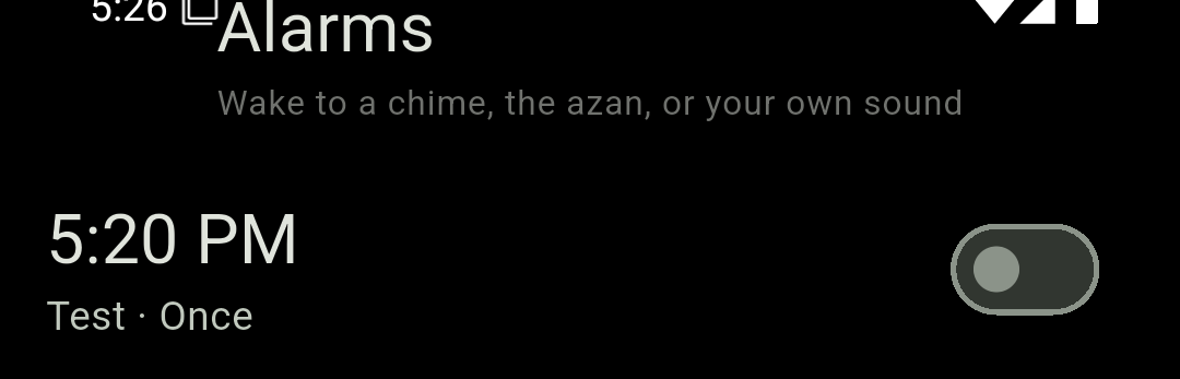 Chimely's Alarms tab listing an alarm with its time, repeat summary and an on/off switch.