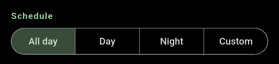 Chimely's Schedule segmented control with All day, Day, Night and Custom options.