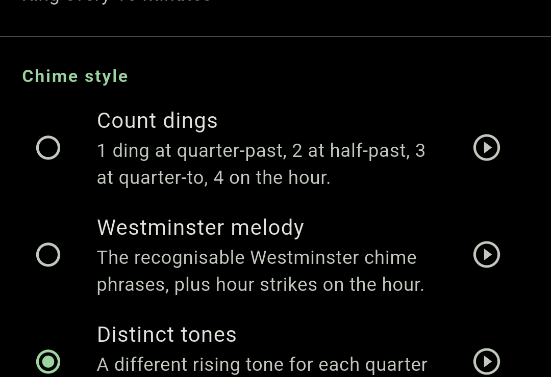 Chimely's Chime style list showing Count dings, Westminster melody and Distinct tones as radio options, each with a preview play button.