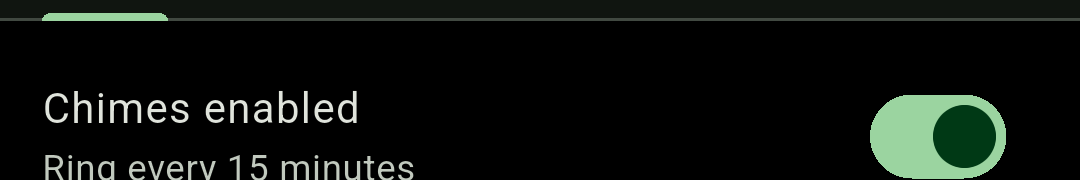 The Chimes enabled switch in Chimely's Chimes settings, with the subtitle Ring every 15 minutes.