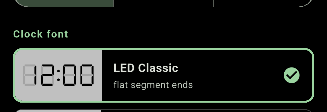 Chimely's Clock font picker showing live previews of the LED and outline faces.