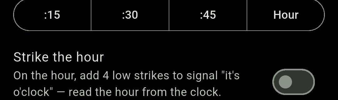 The Strike the hour switch in Chimely's chime settings, explaining that four low strikes are added on the hour.