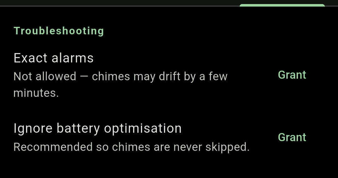 Chimely's MIUI Autostart row in Troubleshooting, explaining that Xiaomi, Redmi and POCO phones need Autostart enabled, with a Configure button.