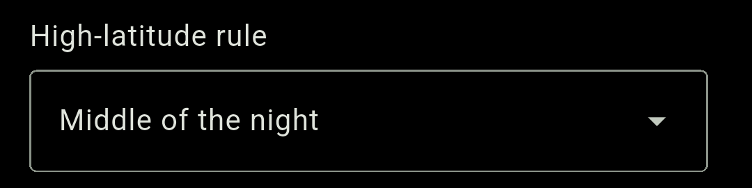 Chimely's High-latitude rule dropdown offering Middle of the night, One-seventh of the night and Twilight angle.