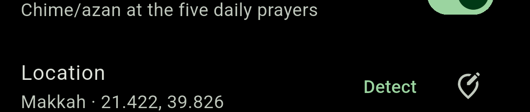 Chimely's Location row in Prayer settings, showing the saved place name with its latitude and longitude and the menu used to detect or enter a location.