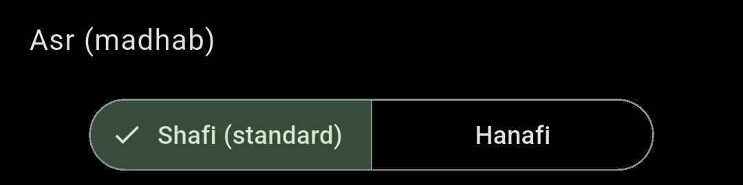 Chimely's Asr (madhab) control offering Shafi (standard) and Hanafi.