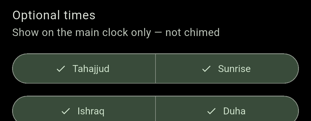 Chimely's Optional times control offering Tahajjud, Sunrise, Ishraq and Duha as selectable chips, noted as clock-only and not chimed.