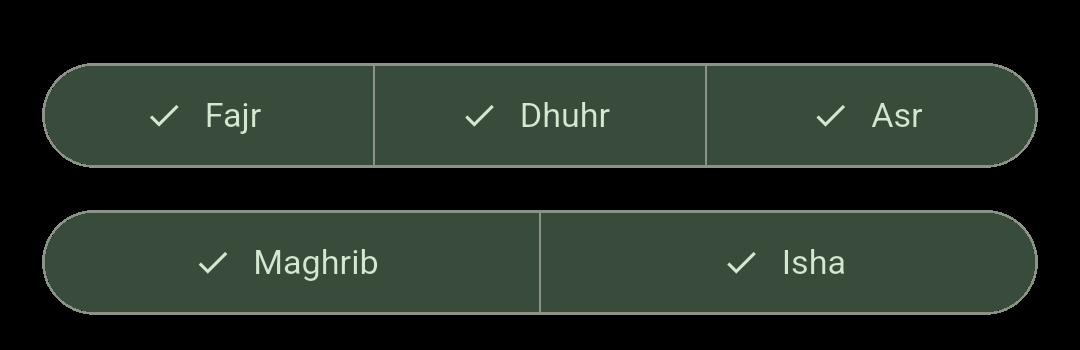 Two rows of selectable prayer chips in Chimely — Fajr, Dhuhr and Asr above; Maghrib and Isha below.
