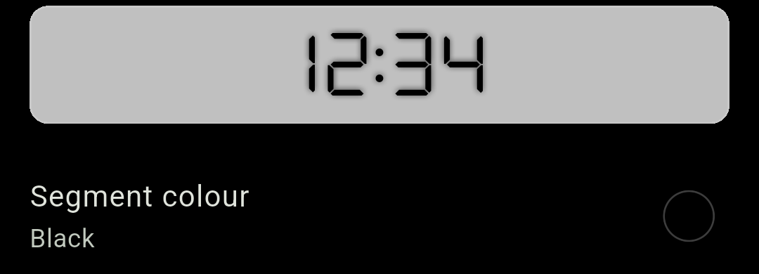 Chimely's Segment colour tile with a live 12:34 clock preview above the colour swatches.