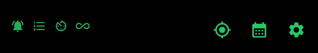 The top bar of Chimely's clock face: on the left a bell, a numbered-list icon, an hour-strike icon and an infinity icon; on the right the detect-location crosshair, the prayer-calendar icon and the settings gear.