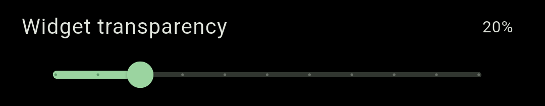 Chimely's Widget transparency slider on the Appearance tab, labelled with the current opacity percentage.