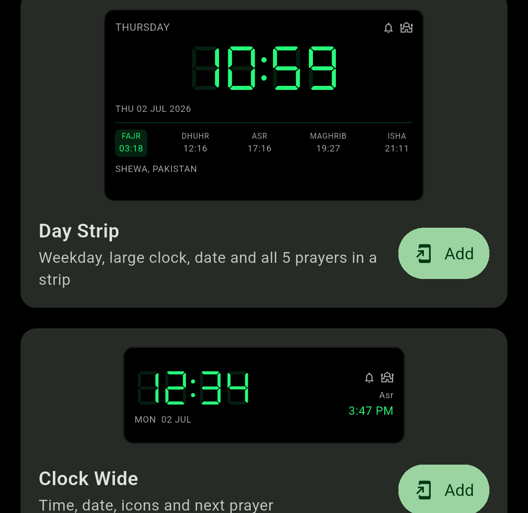 Chimely's in-app widget gallery, previewing the Day Strip, Clock Wide, Clock Tall, Prayer + Clock, Prayer List and Prayer Banner widgets, each with an Add button.